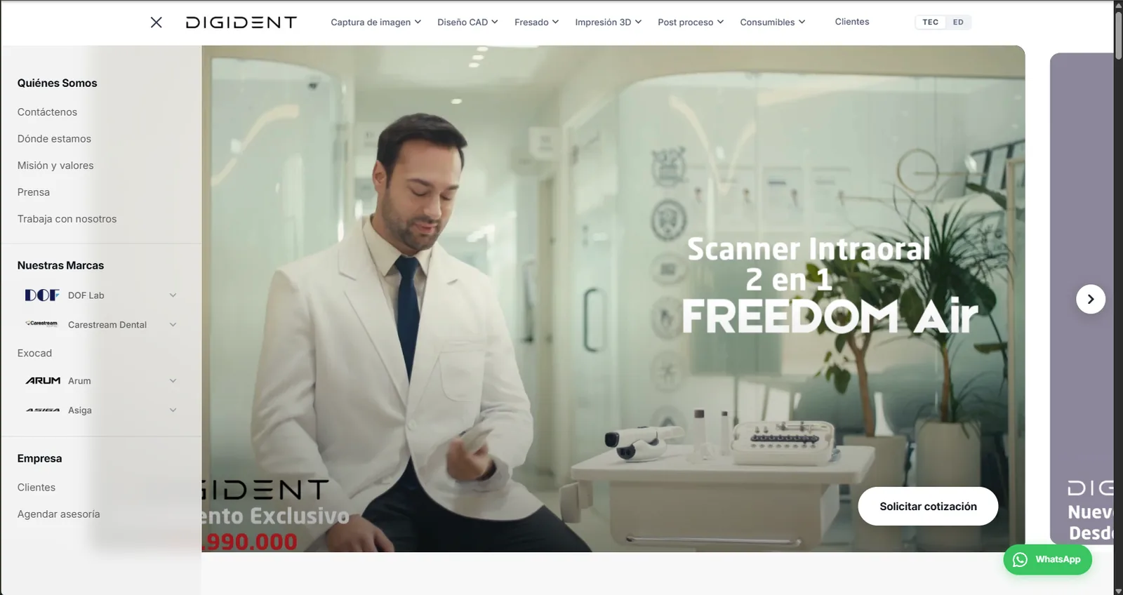 Digident — catálogo de equipamiento de tecnología odontológica con megamenú