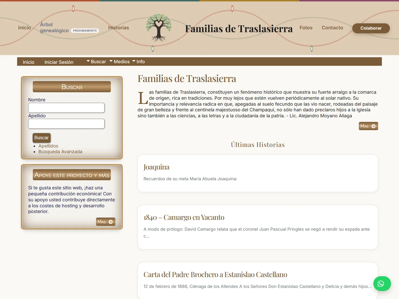 Portada del sitio Familias de Traslasierra, archivo de genealogía e historias familiares