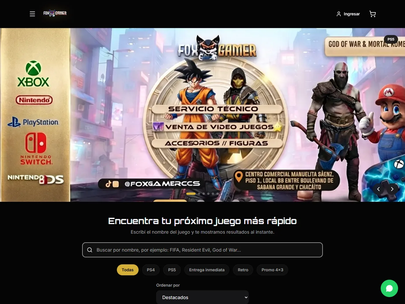 Portada del sitio de Fox Gamer, tienda de videojuegos, consolas y servicio técnico